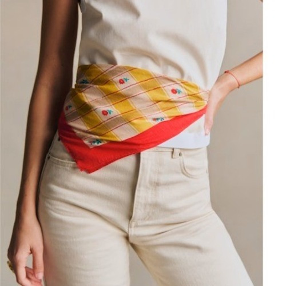 Sezane Gaston Scarf Lizzy Print Yellow Red Organic Cotton Square Bandana NEW